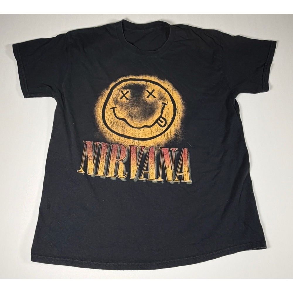Nirvana T Shirt Mens Size MED Black Short Sleeve Crew Neck Smiley Face Adults